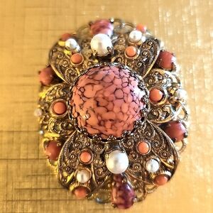 Vintage Signed W. Germany Coral Cabochons Brooch